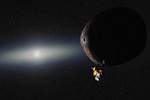 Artist's impression of NASA's New Horizons spacecraft encountering a Pluto-like object in the distant Kuiper Belt. The destination is a small Kuiper Belt object (KBO) known as 2014 MU69 that orbits nearly a billion miles beyond Pluto.