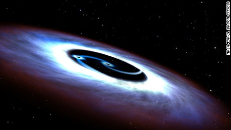 An artists illustration of a binary black hole found in the center of the nearest quasar to Earth, Markarian 231.