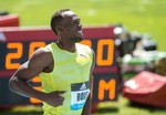 Jamaican sprinter and world record holder Usain Bolt wins the men's 200 meters at the Adidas Grand Prix, Saturday, June 13, 2015, in New York.