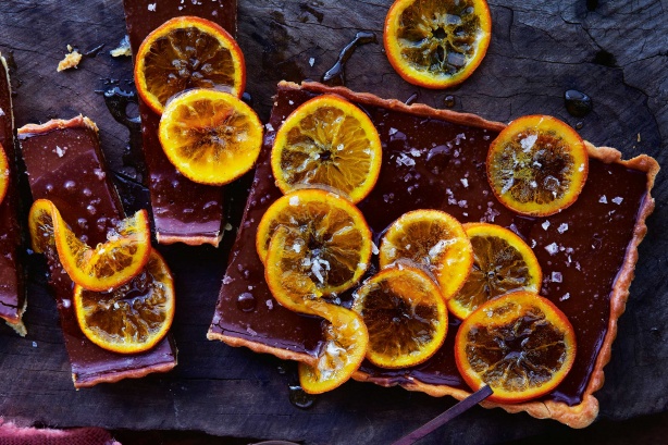 Salted chocolate tart with candied mandarin