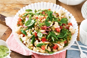 Marinated cauliflower and sprout salad with tomato dressing