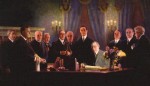 PRESIDENT WOODROW WILSON SIGNING THE FEDERAL RESERVE ACT IN 1913. SOURCE WOODROW WILSON BIRTHPLACE FOUNDATION, PAINTING BY WILBUR G. KURTZ SR.