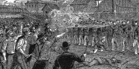 Sketch of the Chicago Battle of the Viaduct during the Great Railroad Strike.