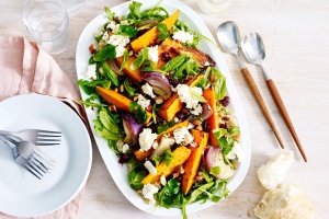 Roasted sweet potato, quinoa and feta salad with orange dressing