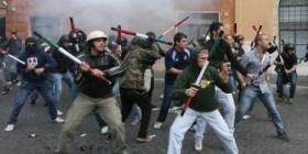 Blocco Studentesco during scuffles in Piazza Navona, Rome, 2008.