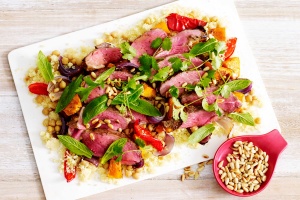 Moroccan-spiced lamb with roasted vegetable salad