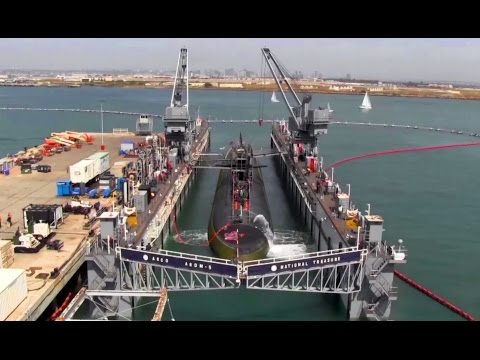 Nuclear Submarine Dry Docks Inside Floating Dry Dock - Time-lapse Video