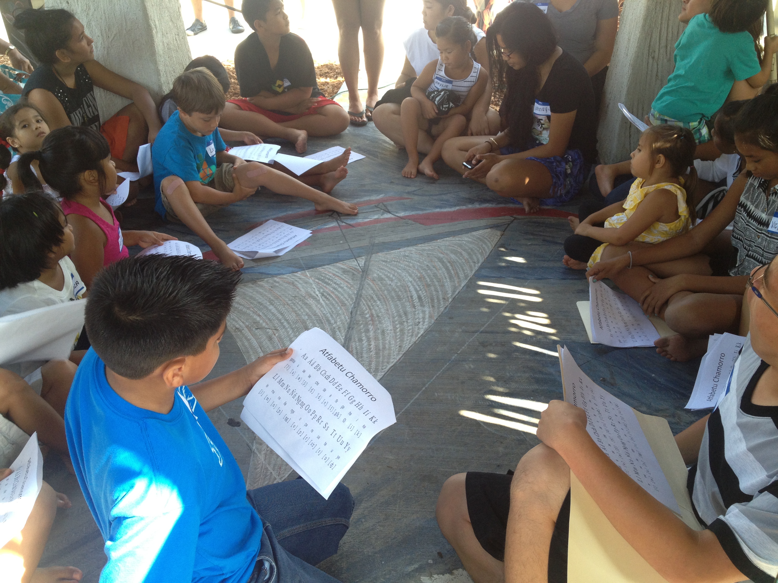 Heidi Quenga instructing Uno Hit on the Chamorro afabetu, 2013.