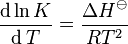 The derivative of the natural logarithm of any equilibrium constant K with respect to the [[kelvin|absolute temperature]] T equals the standard enthalpy change for the reaction divided by the product R times T squared. Here R represents the gas constant, which equals the thermal energy per mole per kelvin. The standard enthalpy is written as Delta H with a superscript plimsoll mark represented by the image strikeO. This equation follows from the definition of the Gibbs energy Delta G equals R times T times the natural logarithm of K.