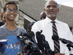 Ahmed Mohamed, 14, left, and his father, Mohamed Elhassan Mohamed, thank supporters during a news conference at their home, Wednesday, Sept. 16, 2015, in Irving, Texas.