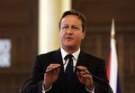 British Prime Minister David Cameron, speaks during a press conference with his Lebanese counterpart Tammam Salam at the Government House in Beirut, Lebanon, Monday, Sept. 14, 2015.