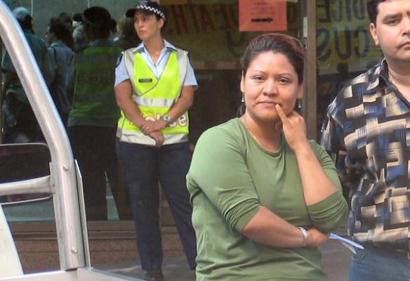 Angela from Radical Women, orginally from El  Salvador, who stressed the importance of unity  between Indigenous and non-Indigenous in the  struggle