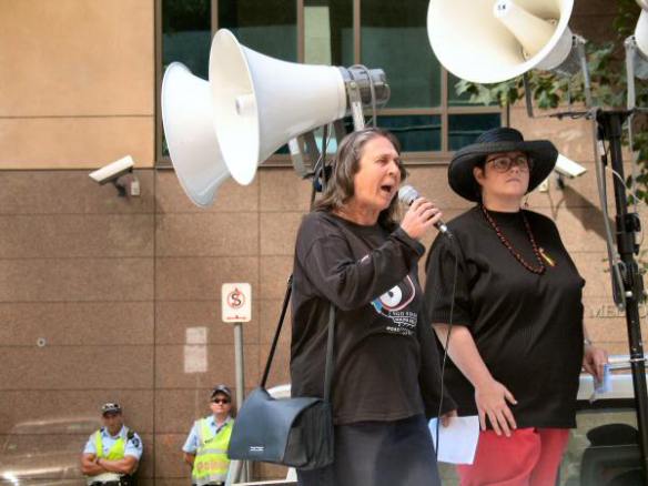 Waratah Rose Gillespie (speaking), former human shield in Iraq, alongside Alison Thorne