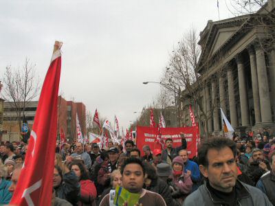 View over part of gathering in Lygon Street