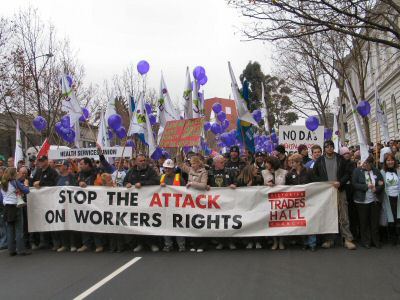 Banner leading march - Stop the Attack on Workers Rights