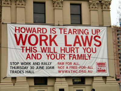 Banner at Trades hall announcing rally