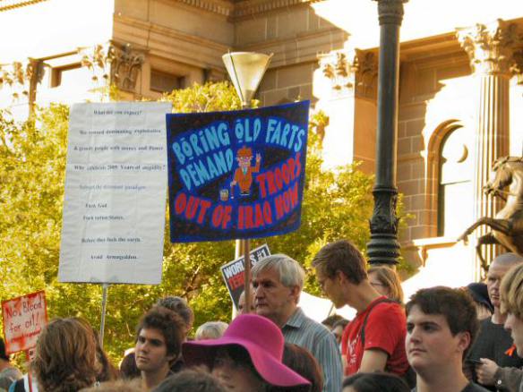 Placard - Boring old farts demand troops out of Iraq  now