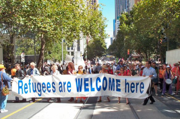 Banner leading march - Refugees are Welcome Here