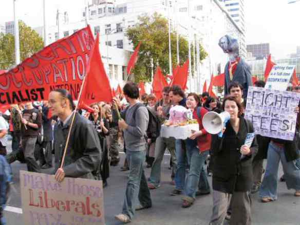 Red flags and banners on the march