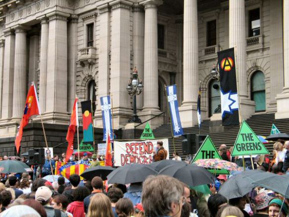 Banners on steps of Parliament House