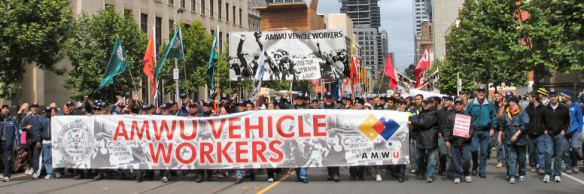 Banner of AMWU vehicle workers leads marchers on 15 November