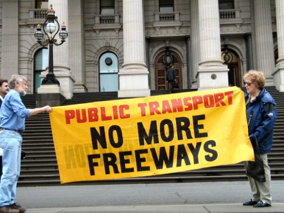 Banner on steps - No More Freeways