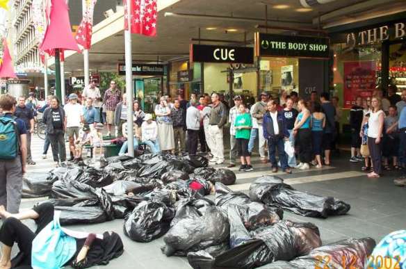 Body bags outside the Body Shop