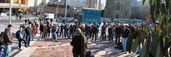 View of rally, Sue Bolton speaking