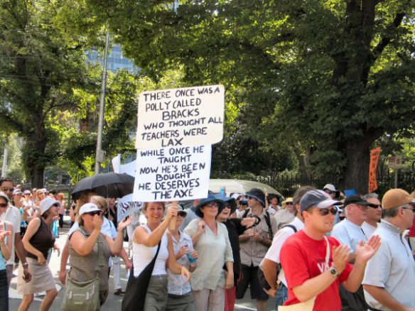 Teachers with placard mocking Steve Bracks