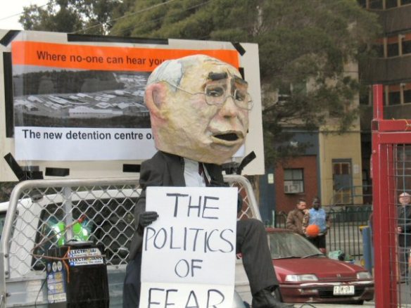 Puppet of John Howard on back of truck