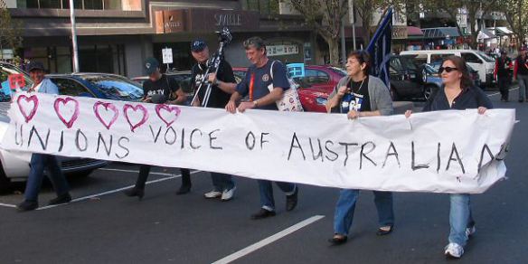 Banner with row of hearts and caption ' Unions Voice of Australians'