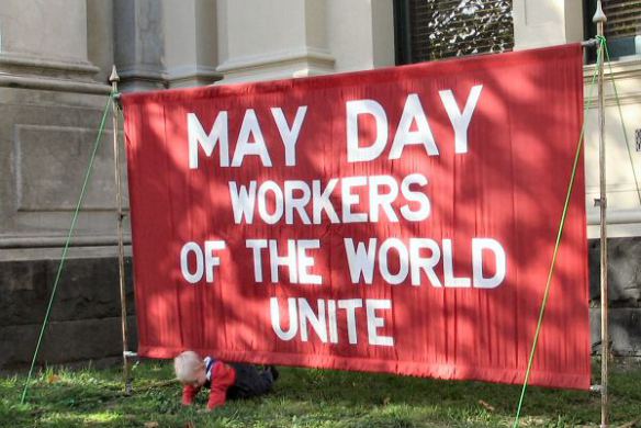 Mayday banner at Trades Hall