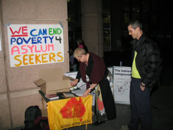 RAC-Vic stall, with diagrams of Christmas Island detention centre