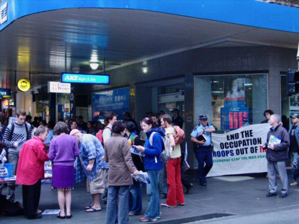 Campaigners outside the bank