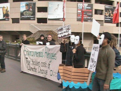 Protesters crossing bridge