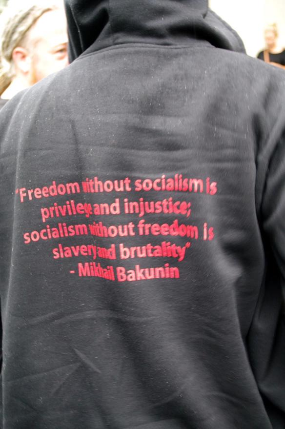 Back of jacket worn by one person attending the protest