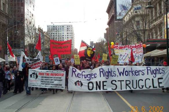 Banners leading march down Elizabeth Street