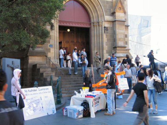 Stall and placards with Easter Bunny outside Cathedral