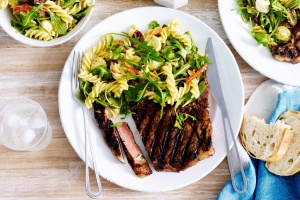 Balsamic and rosemary T-Bone steaks with pasta salad