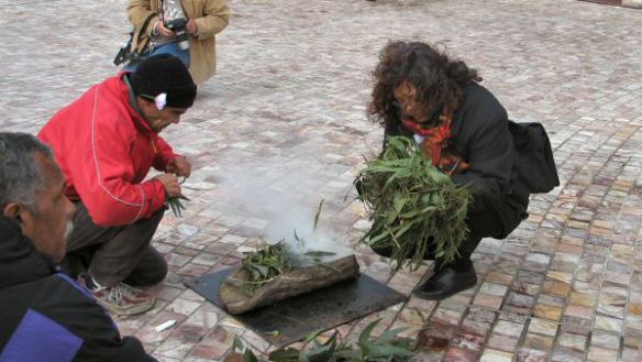 Robbie Thorpe  and Aunty Joy perform smoking ceremony