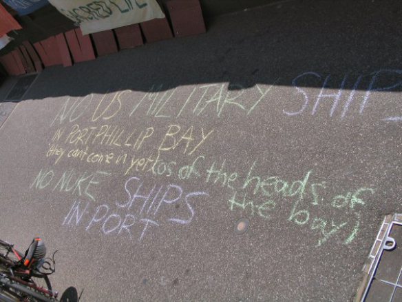 Chalked message on footpath - no nuclear warships in the bay