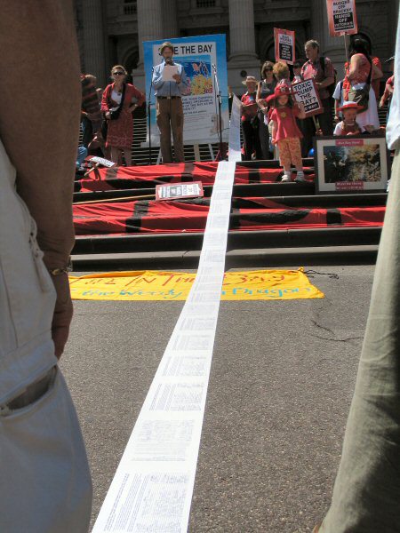 Petition stretching from top of steps down to street