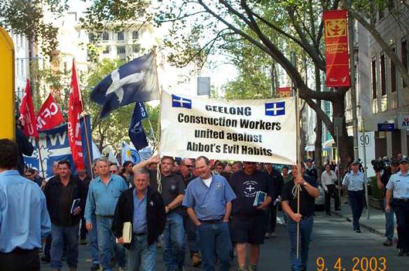 Banner: Geelong building workers united against Abbot's evil habits
