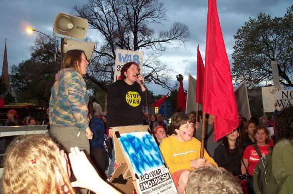 Jackie Lynch leads the chanting