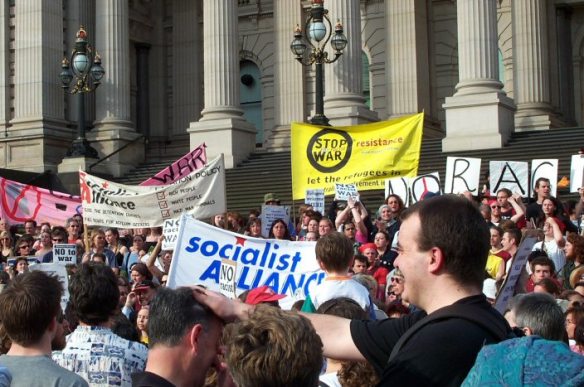 Socialist banners on the steps of Parliament House