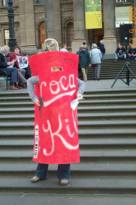 Human-size Coke 'can' with slogan 'Killer Coke'