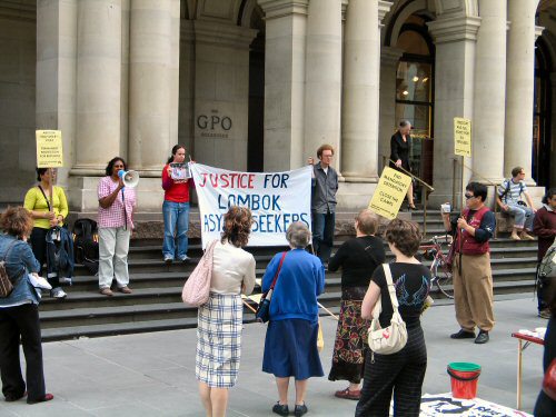 Listening to Irene Xavier from Malaysia on steps of GPO