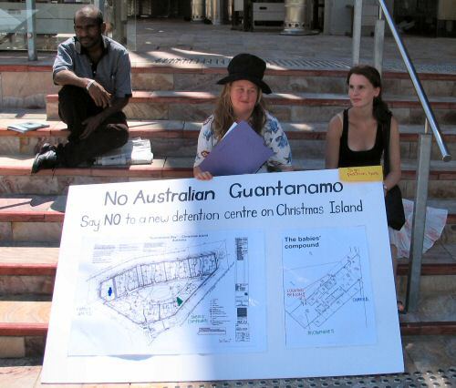 RAC activists at Federation Square with maps of Christmas Island detention centre