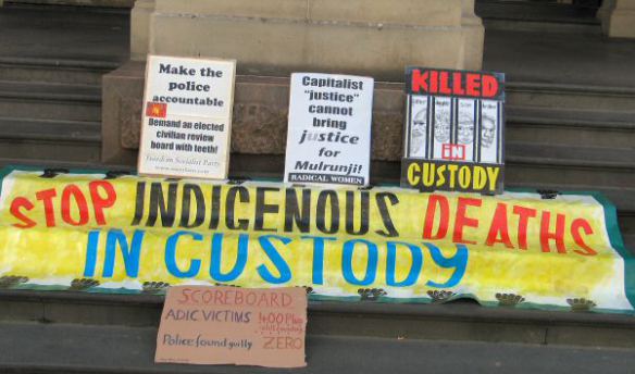 Banner and placards on steps of GPO - Justice for Mulrunji ... Stop Indigenous Deaths in Custody ...