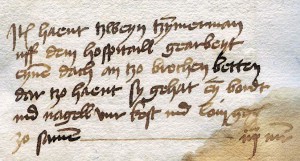 Posten der Stadtrechnung von 1465/66, als Zimmerleute „uff dem hospitaill gearbeyt eynen dach an tzo brochen betten“. 